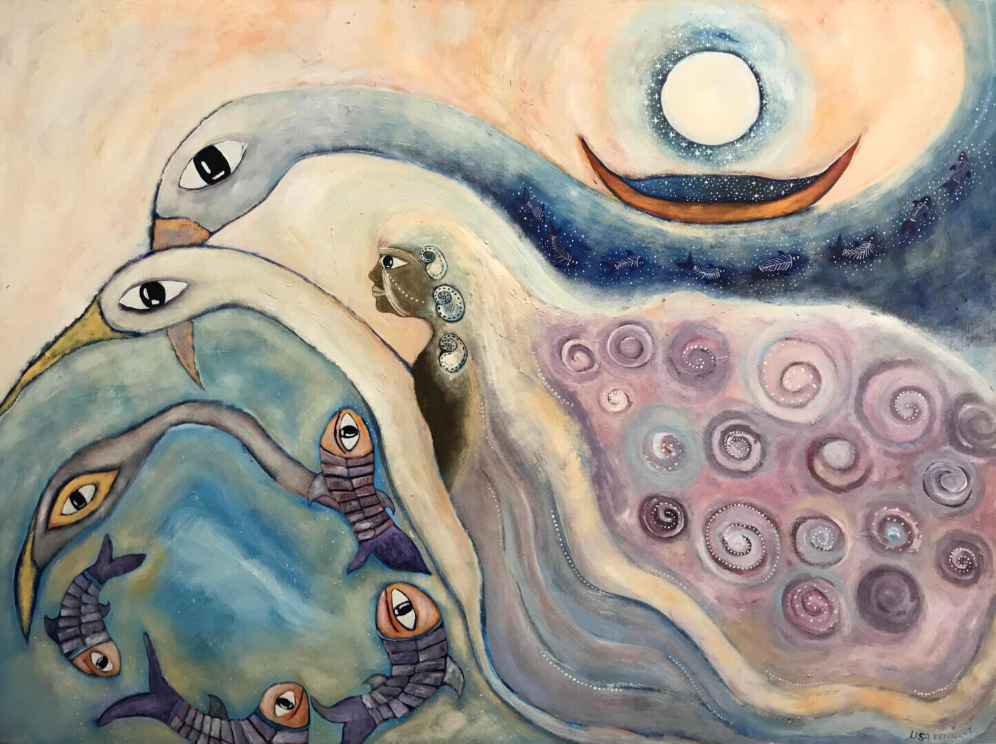 Murrambakannya Niripa (Old Woman Spirit of Salt Water), 2012, Acrylic on canvas, 124 x 91 cm. Image courtesy of the artist. Murrambakannya Niripa (Old Woman Spirit of Salt Water), 2012, Acrylic on canvas, 124 x 91 cm. Image courtesy of the artist. Shown in Storied Country: Lisa Kennedy and Helen S. Tiernan. Curated by Jasmin McNeill